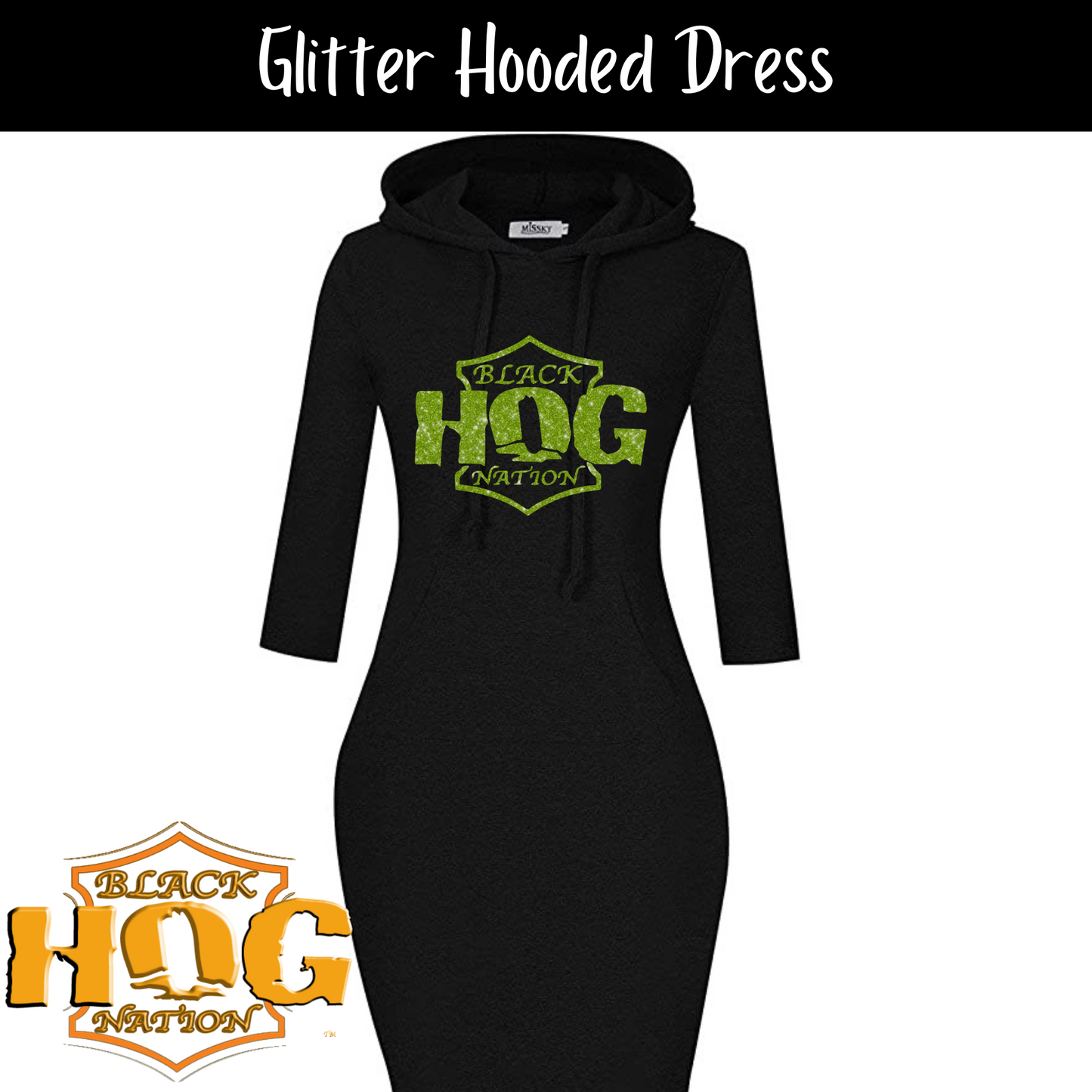 Hooded Dress with Glitter Original Black Hog Nation Logo