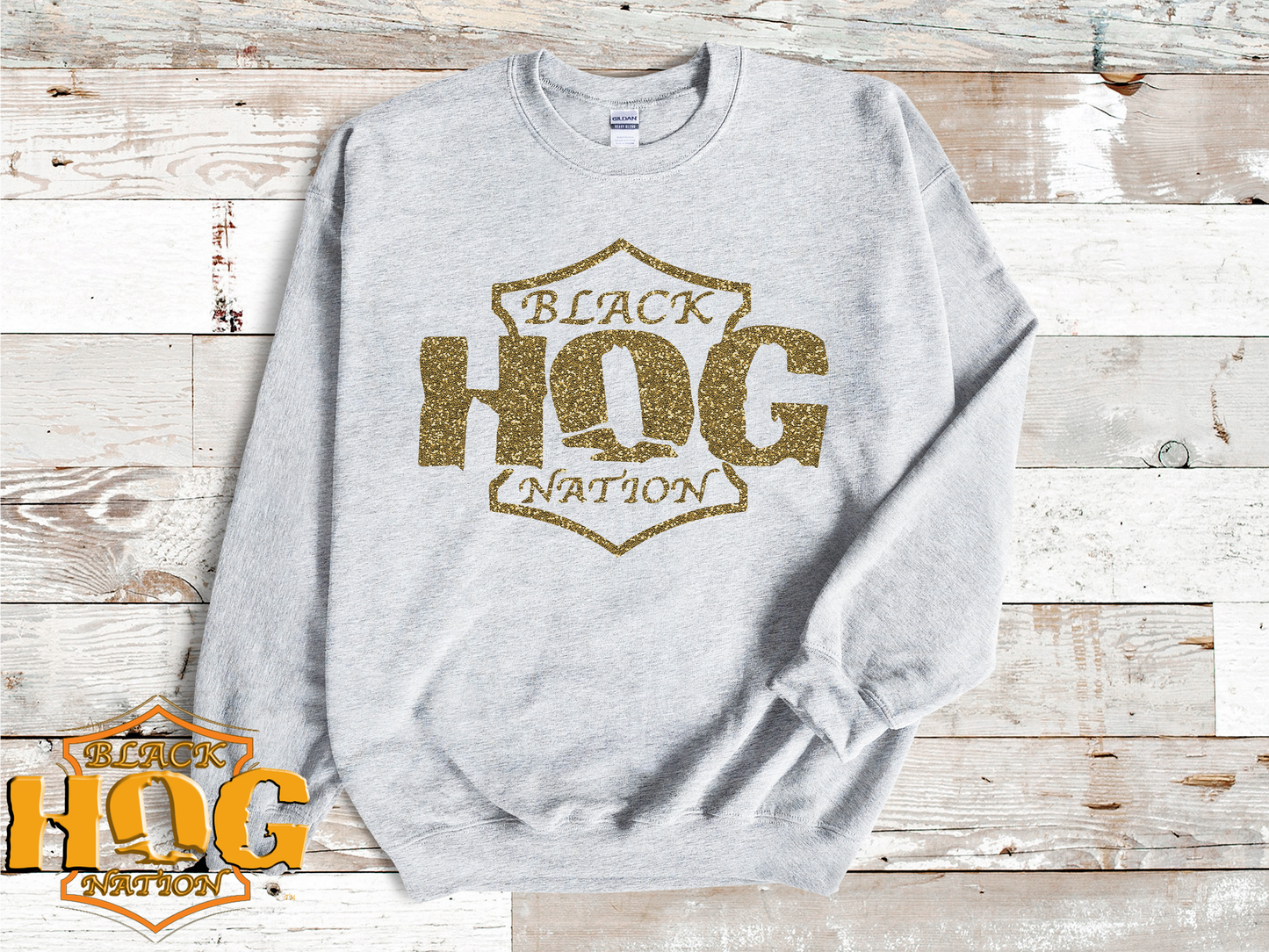 Glitter Original Black Hog Nation Logo Crew Neck Sweater